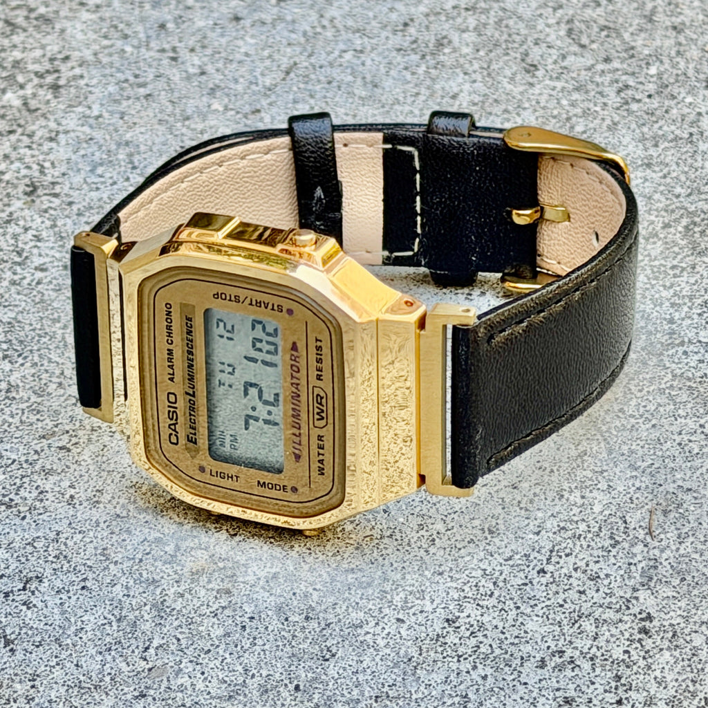 Leather Strap for Casio A168WG Gold, 20mm Black Genuine Leather Watch Band, Gold Buckle, Stitched Strap, Fits A168W A158W F-91W Vintage Series
