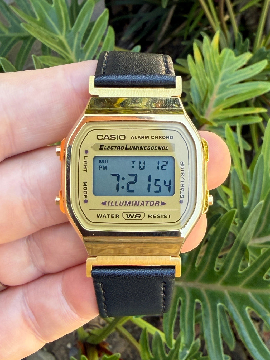 Leather Strap for Casio A168WG Gold, 20mm Black Genuine Leather Watch Band, Gold Buckle, Stitched Strap, Fits A168W A158W F-91W Vintage Series