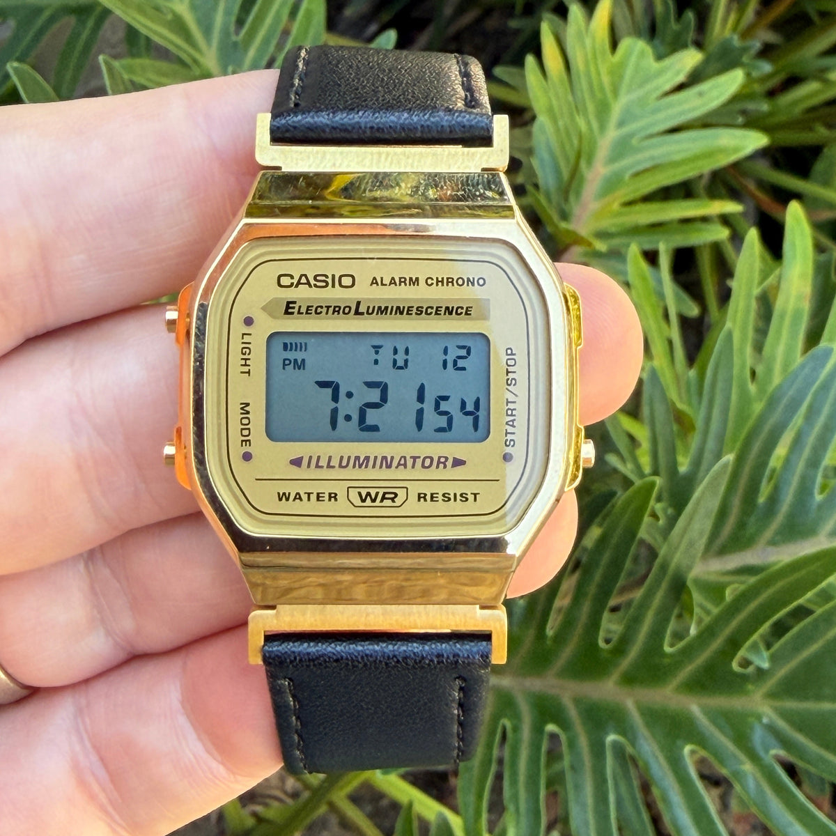 Leather Strap for Casio A168WG Gold, 20mm Black Genuine Leather Watch Band, Gold Buckle, Stitched Strap, Fits A168W A158W F-91W Vintage Series