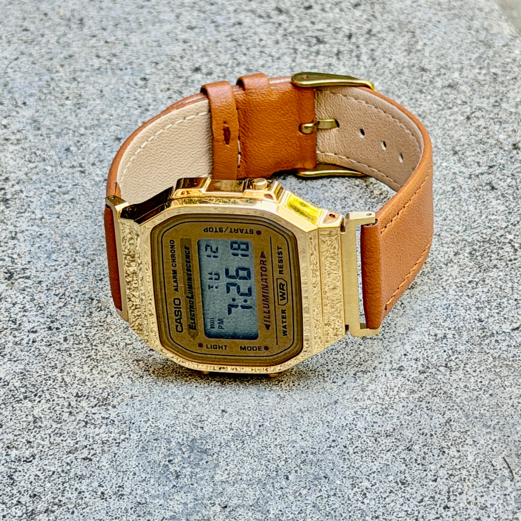 Leather Strap for Casio A168WG Gold, 20mm Caramel Brown Genuine Leather Watch Band, Gold Buckle, Stitched Strap, Fits A168W A158W F-91W Vintage Series