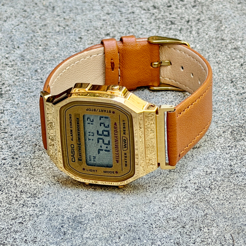 Leather Strap for Casio A168WG Gold, 20mm Caramel Brown Genuine Leather Watch Band, Gold Buckle, Stitched Strap, Fits A168W A158W F-91W Vintage Series