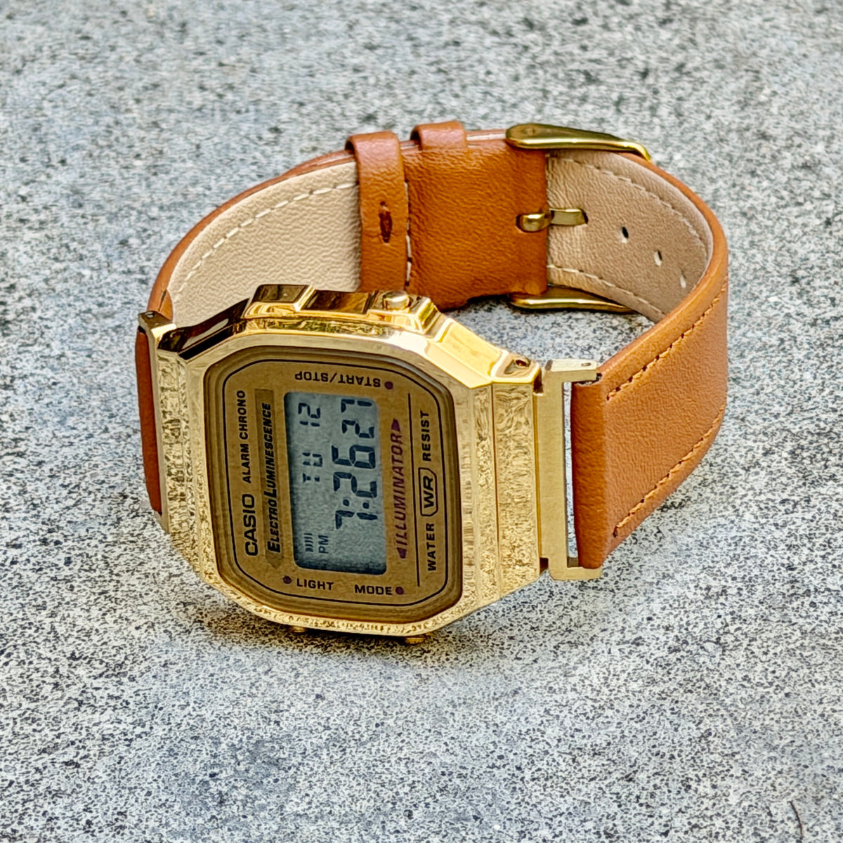 Leather Strap for Casio A168WG Gold, 20mm Caramel Brown Genuine Leather Watch Band, Gold Buckle, Stitched Strap, Fits A168W A158W F-91W Vintage Series