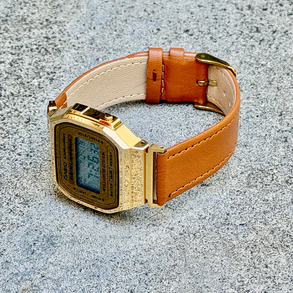 Leather Strap for Casio A168WG Gold, 20mm Caramel Brown Genuine Leather Watch Band, Gold Buckle, Stitched Strap, Fits A168W A158W F-91W Vintage Series