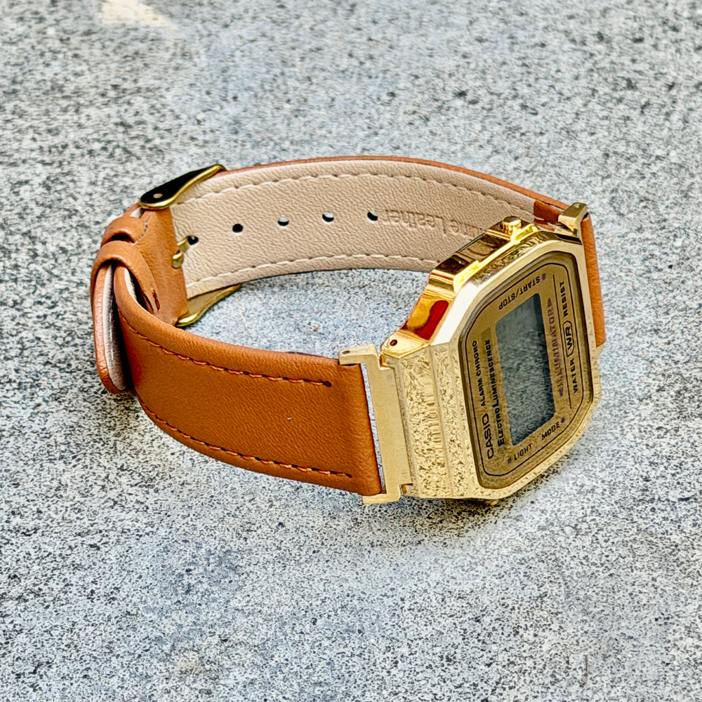 Leather Strap for Casio A168WG Gold, 20mm Caramel Brown Genuine Leather Watch Band, Gold Buckle, Stitched Strap, Fits A168W A158W F-91W Vintage Series