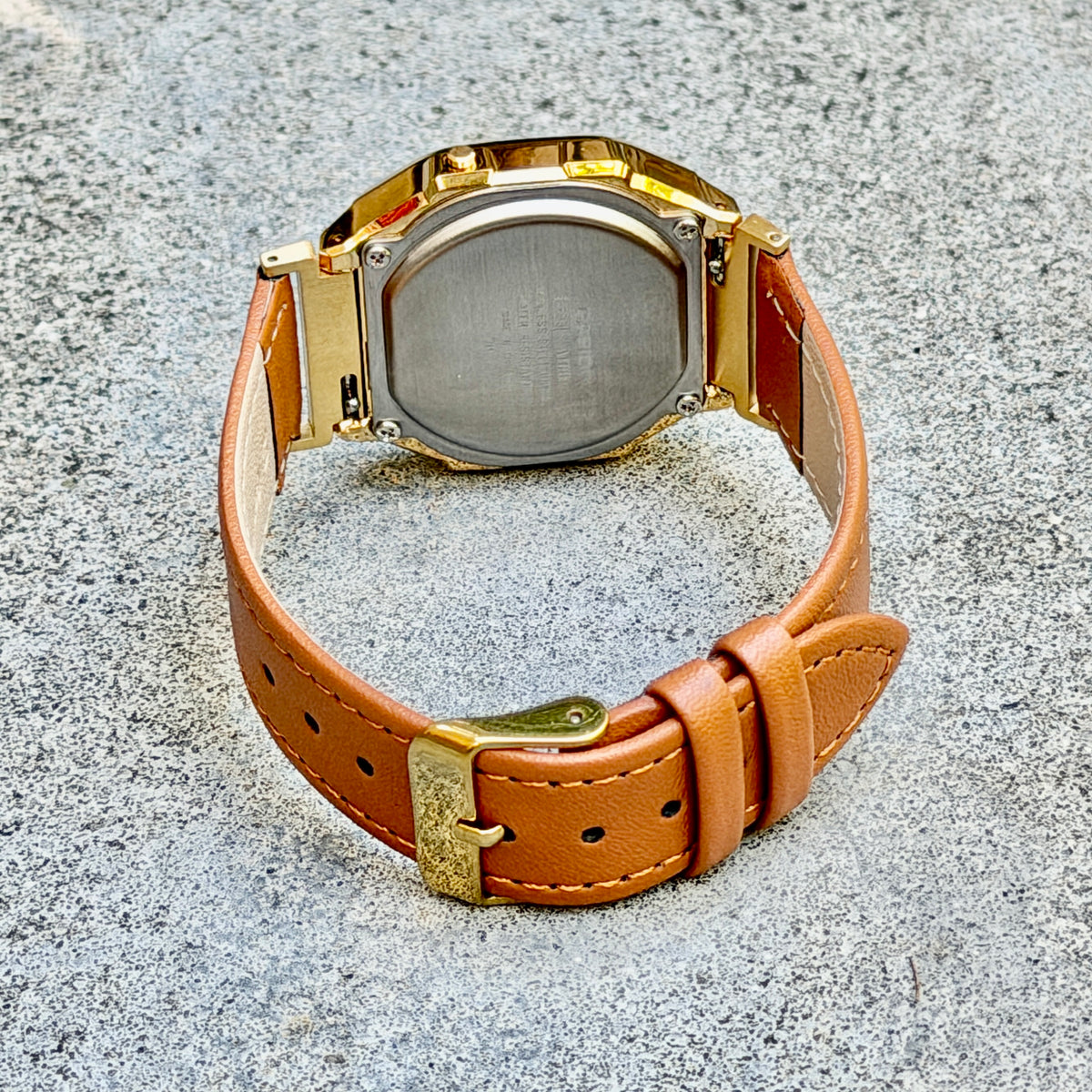 Leather Strap for Casio A168WG Gold, 20mm Caramel Brown Genuine Leather Watch Band, Gold Buckle, Stitched Strap, Fits A168W A158W F-91W Vintage Series