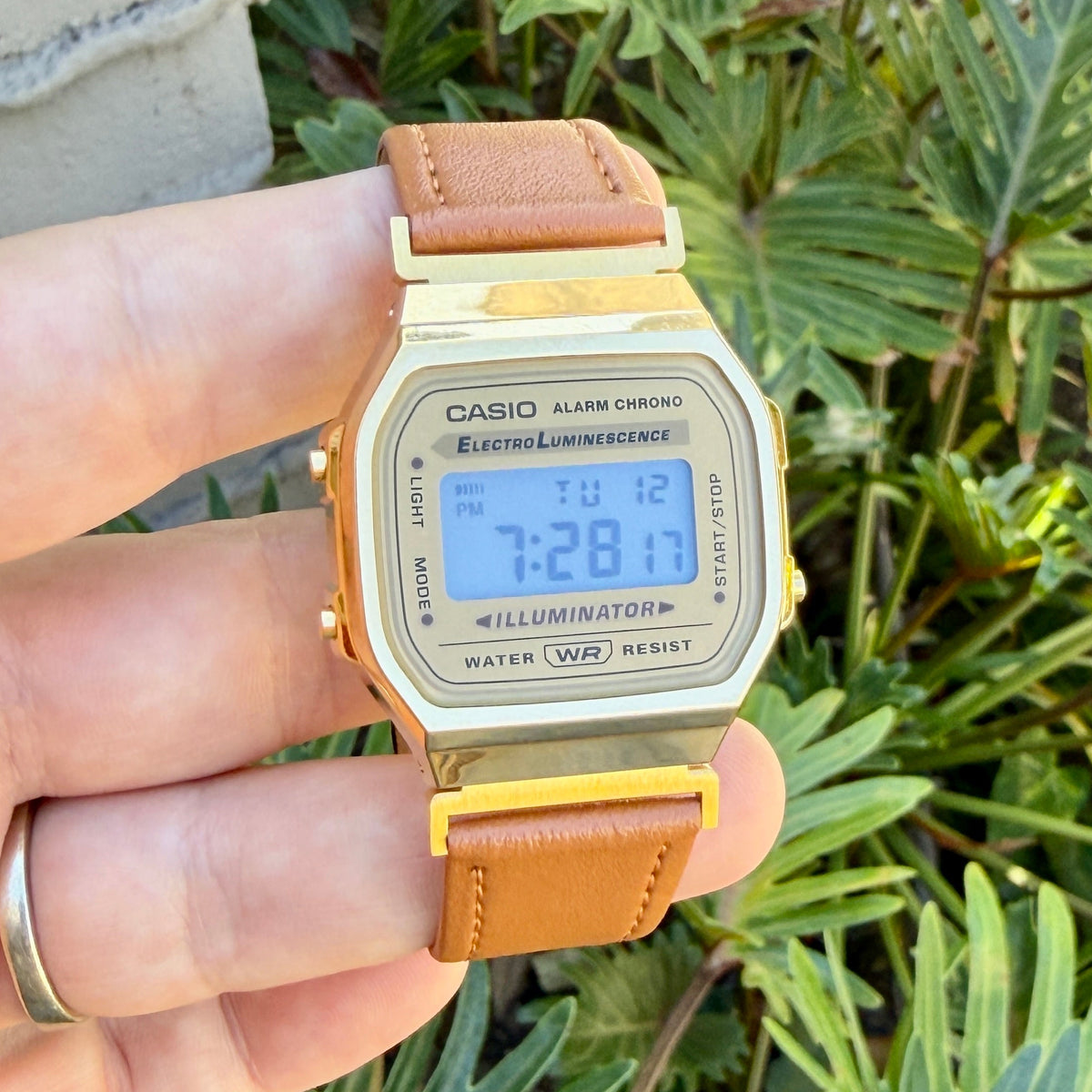 A Casio digital watch with a gold-tone case and tan leather strap, held in a person's hand against a background of green foliage.