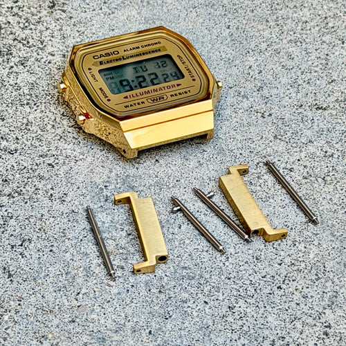 18mm to 20mm Adapters for Casio A168WG, Gold Tone Stainless Steel Lug Converter, Fits A168W A158W F-91W Vintage Series, Spring Bars Included
