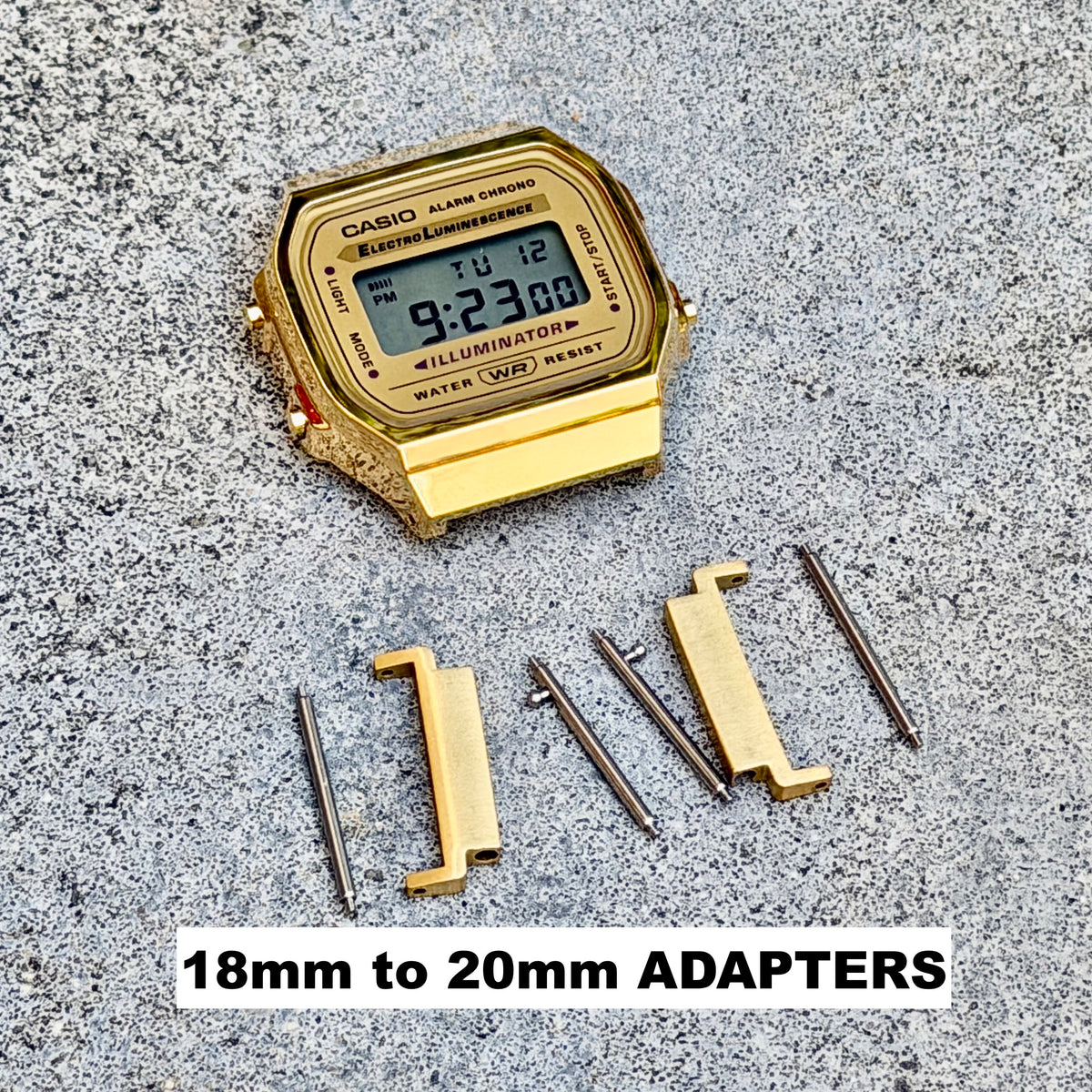 18mm to 20mm Adapters for Casio A168WG, Gold Tone Stainless Steel Lug Converter, Fits A168W A158W F-91W Vintage Series, Spring Bars Included