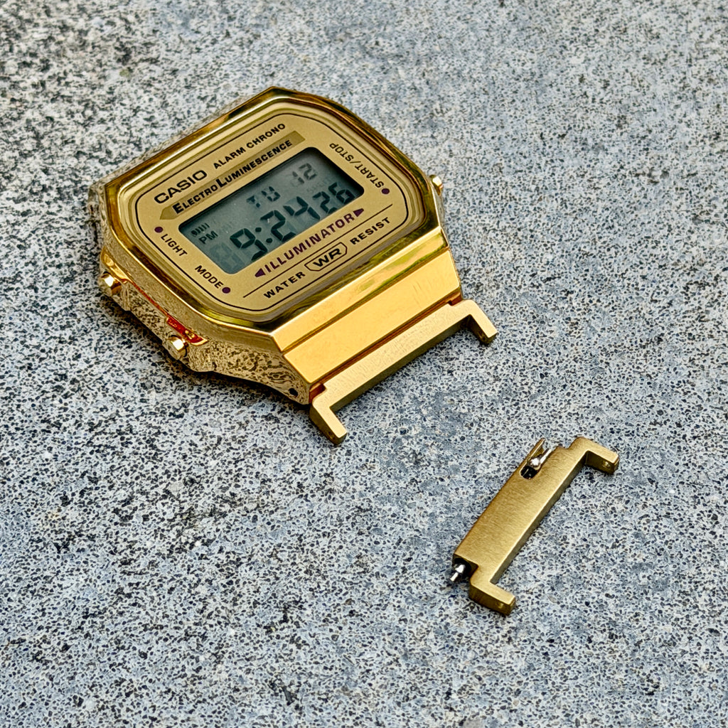 18mm to 20mm Adapters for Casio A168WG, Gold Tone Stainless Steel Lug Converter, Fits A168W A158W F-91W Vintage Series, Spring Bars Included