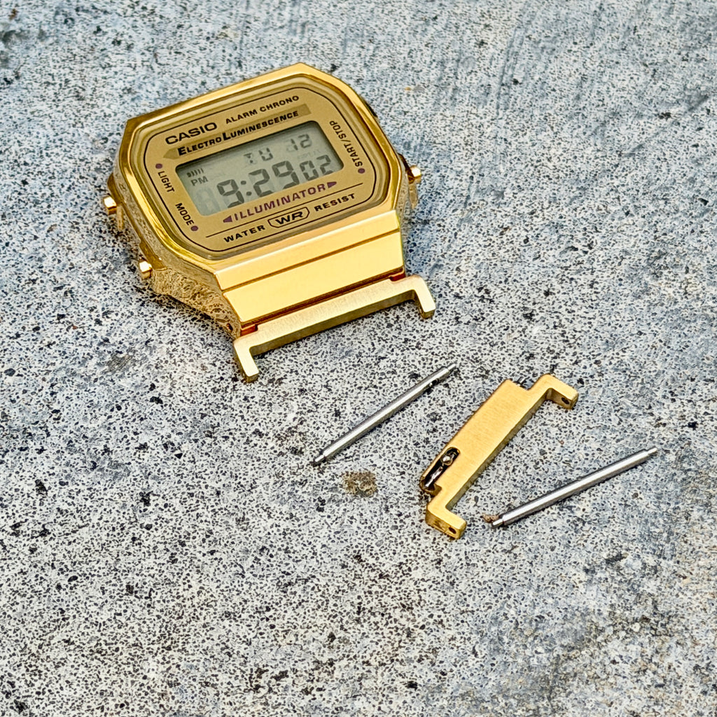 18mm to 22mm Gold Adapter for Casio A168WG, Stainless Steel Lug Converter, Fits A168W A158W F-91W Vintage Series, Spring Bars Included