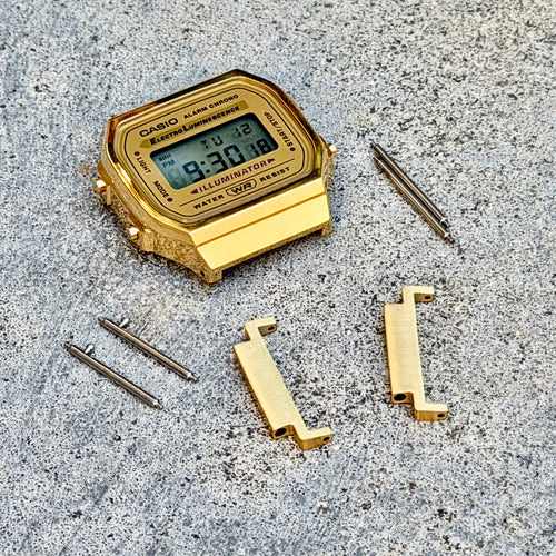 18mm to 22mm Gold Adapter for Casio A168WG, Stainless Steel Lug Converter, Fits A168W A158W F-91W Vintage Series, Spring Bars Included