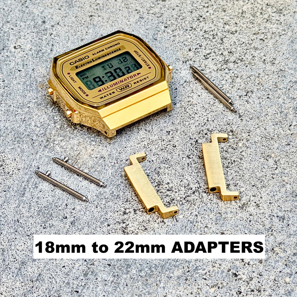 18mm to 22mm Gold Adapter for Casio A168WG, Stainless Steel Lug Converter, Fits A168W A158W F-91W Vintage Series, Spring Bars Included