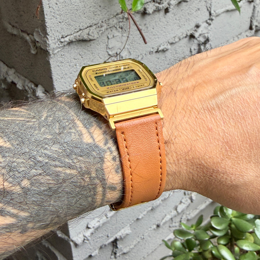 Leather Strap for Casio A168WG Gold, 20mm Caramel Brown Genuine Leather Watch Band, Gold Buckle, Stitched Strap, Fits A168W A158W F-91W Vintage Series