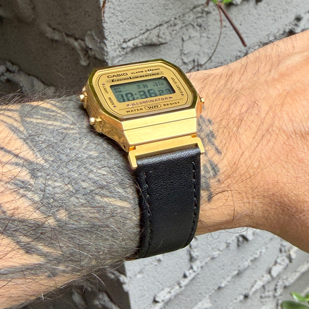 Leather Strap for Casio A168WG Gold, 20mm Black Genuine Leather Watch Band, Gold Buckle, Stitched Strap, Fits A168W A158W F-91W Vintage Series
