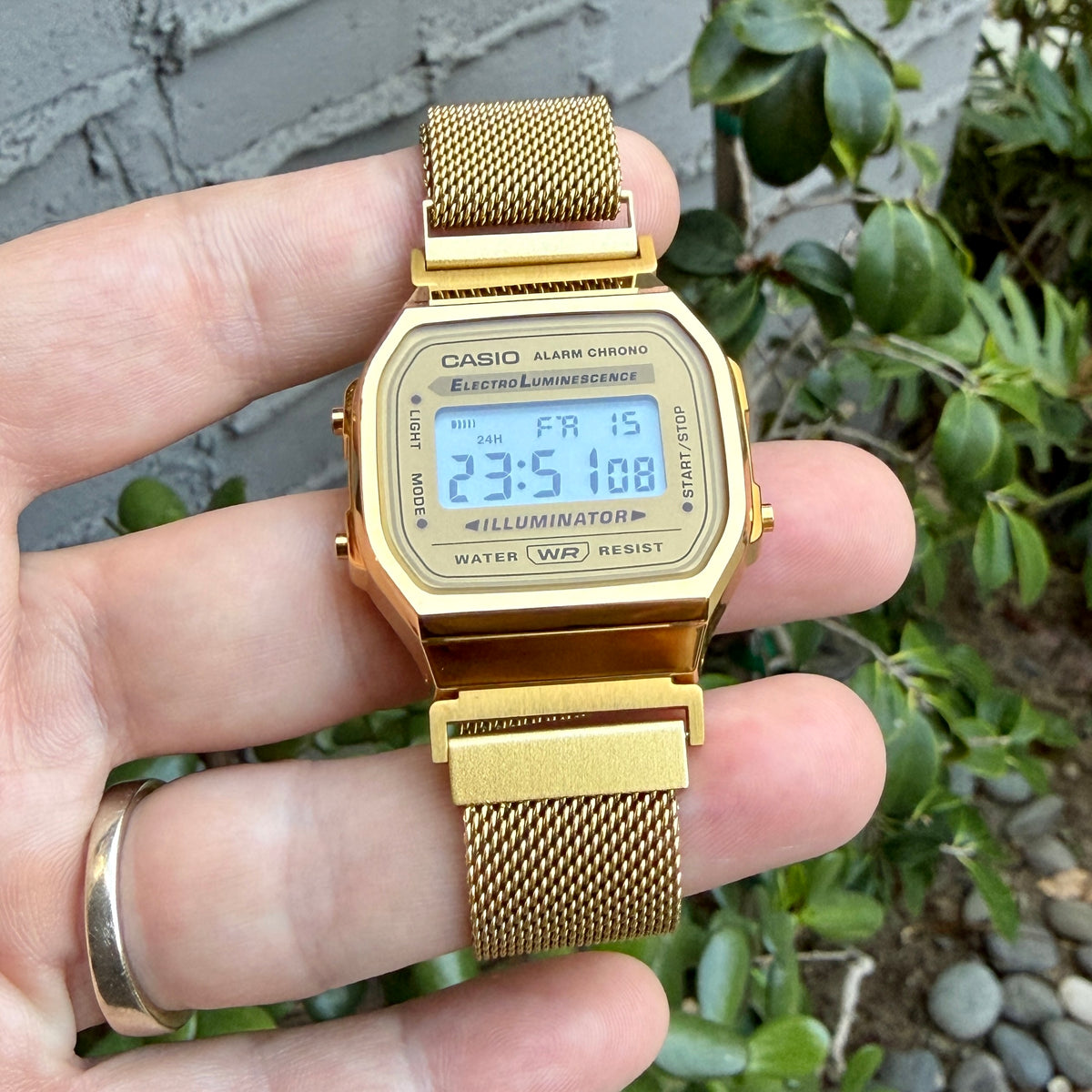 Gold Milanese Mesh Band for Casio A168WG, 20mm Stainless Steel Magnetic Strap, Adapters Pre-Attached, Adjustable 5.5 to 8 inch, Fits A168W A158W F91W
