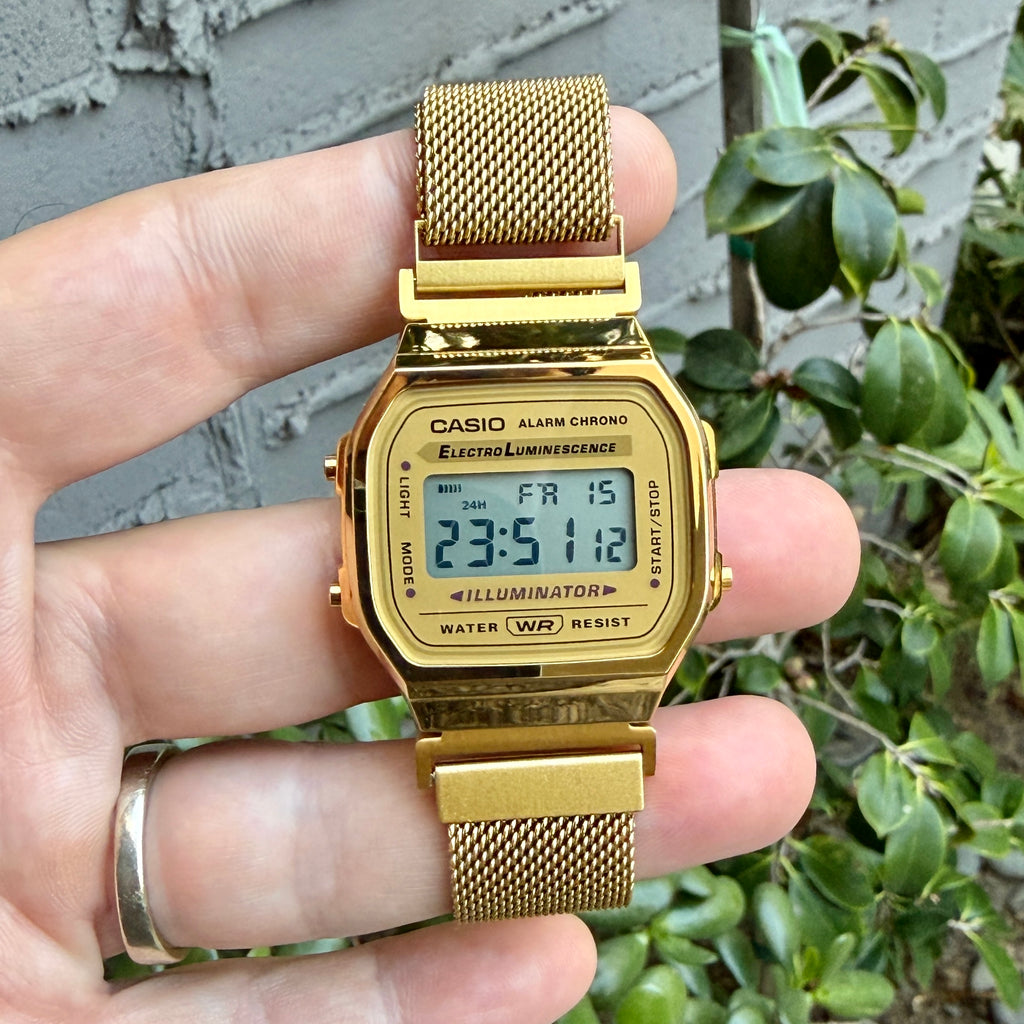 Gold Milanese Mesh Band for Casio A168WG, 20mm Stainless Steel Magnetic Strap, Adapters Pre-Attached, Adjustable 5.5 to 8 inch, Fits A168W A158W F91W