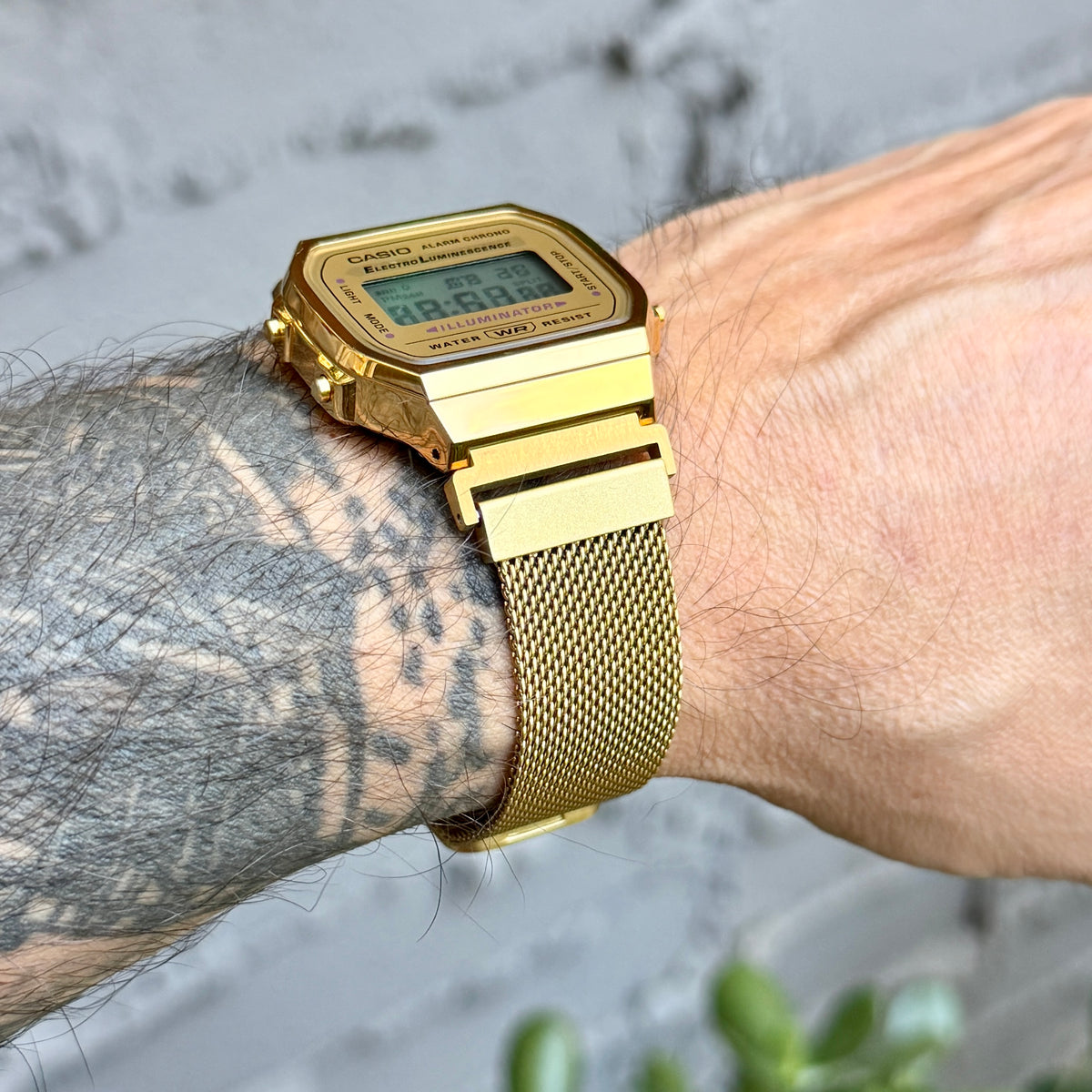 Gold Milanese Mesh Band for Casio A168WG, 20mm Stainless Steel Magnetic Strap, Adapters Pre-Attached, Adjustable 5.5 to 8 inch, Fits A168W A158W F91W