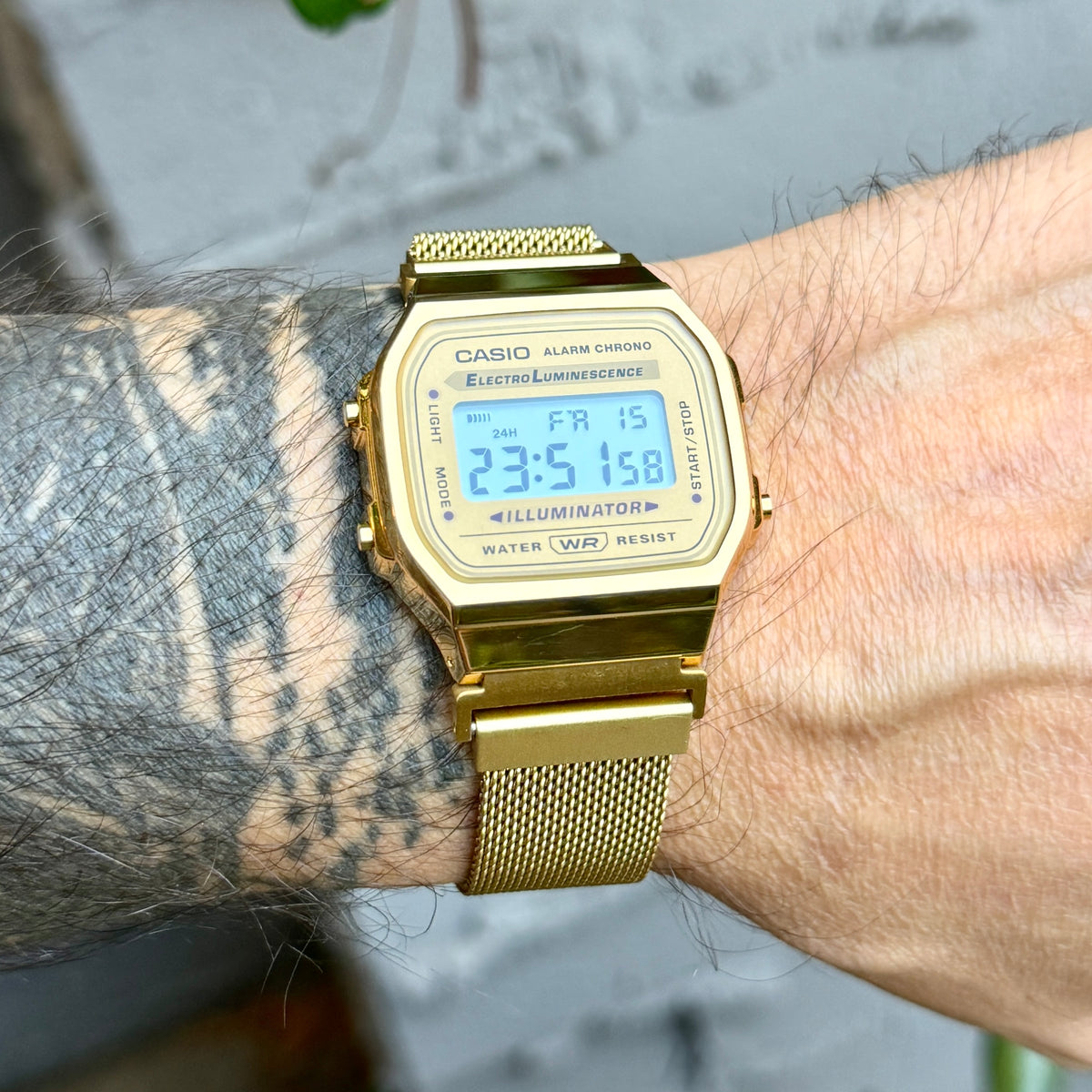 Gold Milanese Mesh Band for Casio A168WG, 20mm Stainless Steel Magnetic Strap, Adapters Pre-Attached, Adjustable 5.5 to 8 inch, Fits A168W A158W F91W