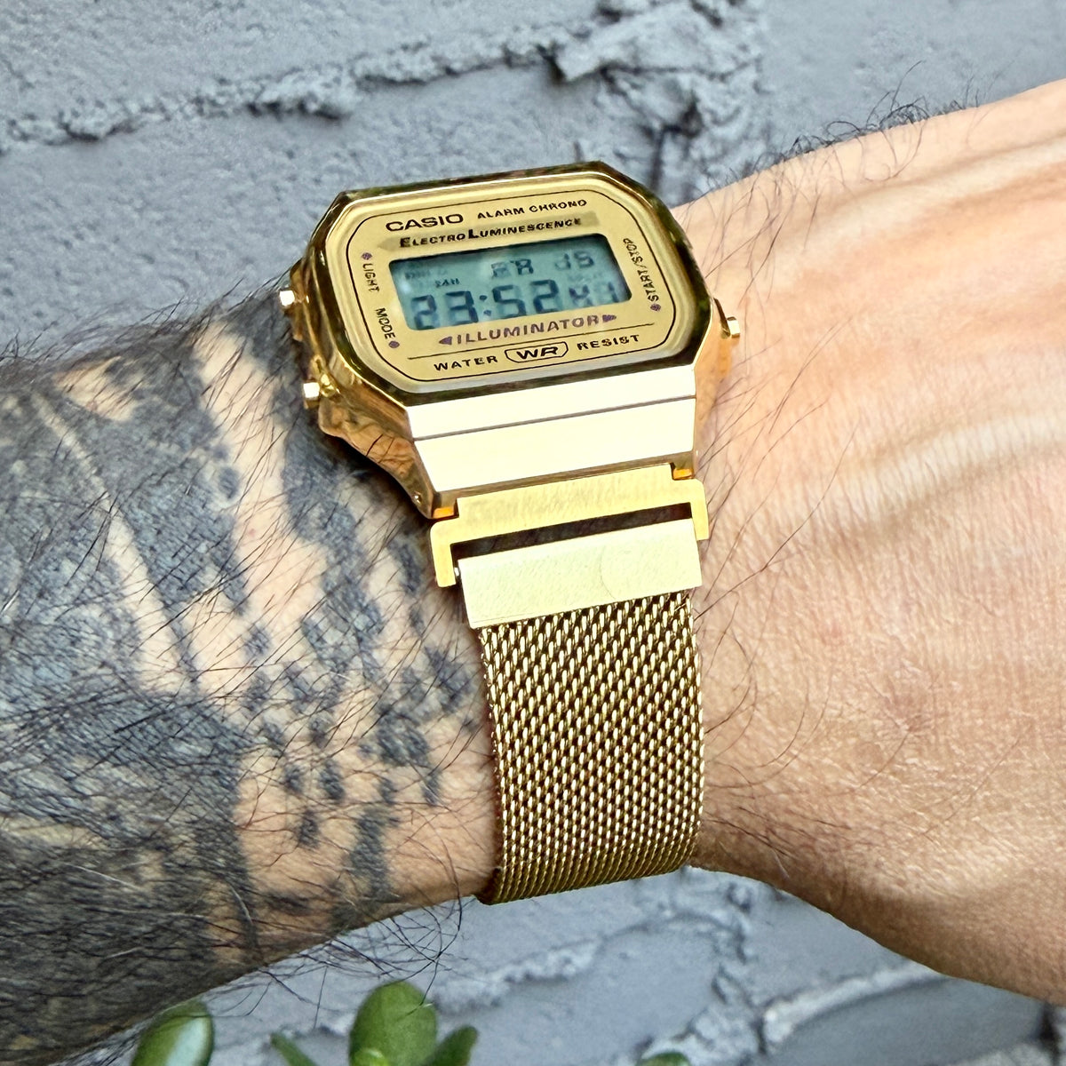 Gold Milanese Mesh Band for Casio A168WG, 20mm Stainless Steel Magnetic Strap, Adapters Pre-Attached, Adjustable 5.5 to 8 inch, Fits A168W A158W F91W