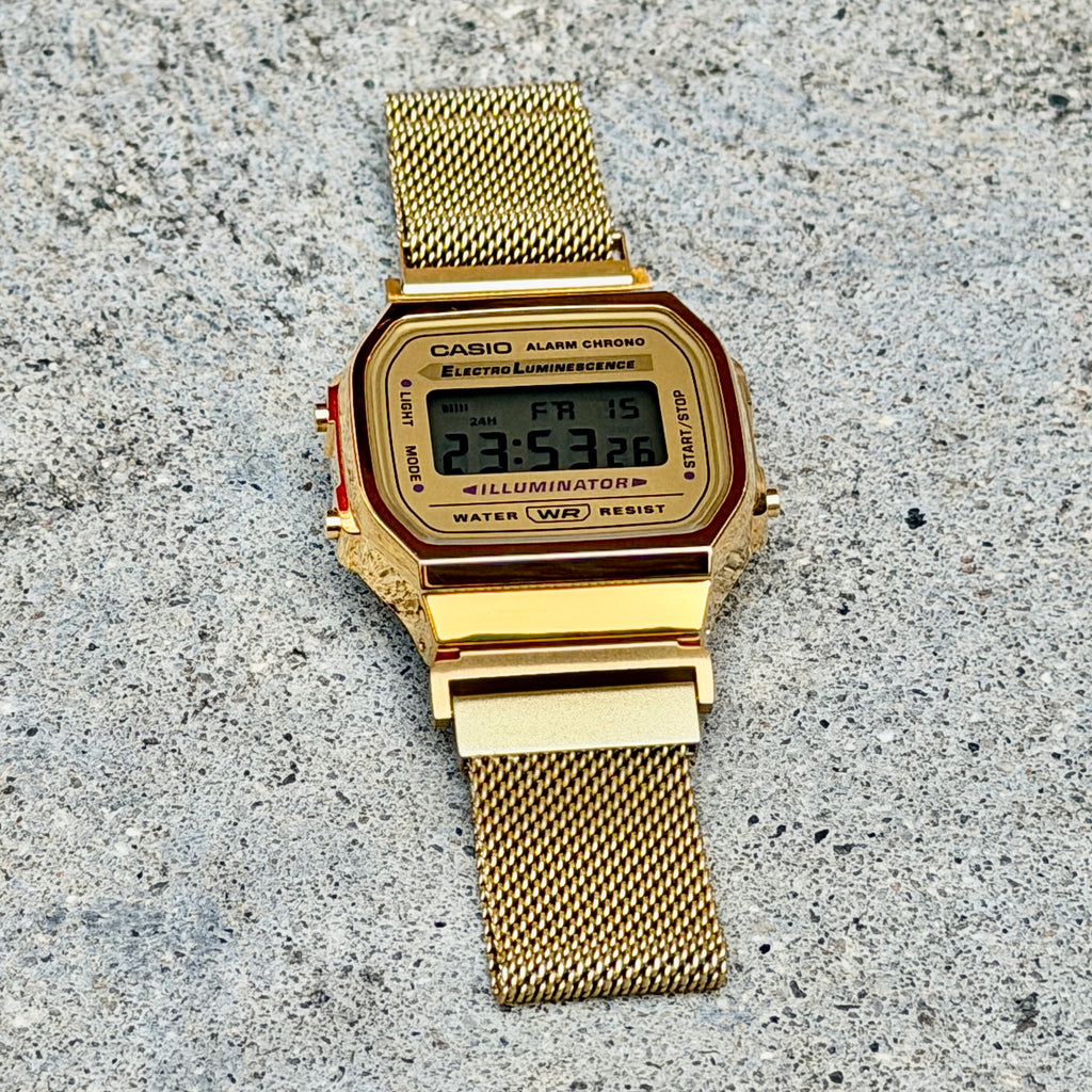 Gold Milanese Mesh Band for Casio A168WG, 20mm Stainless Steel Magnetic Strap, Adapters Pre-Attached, Adjustable 5.5 to 8 inch, Fits A168W A158W F91W