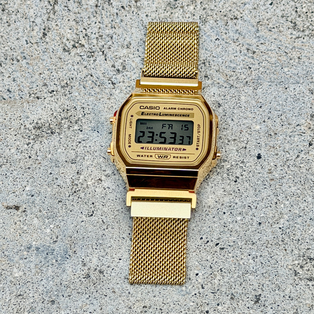 Gold Milanese Mesh Band for Casio A168WG, 20mm Stainless Steel Magnetic Strap, Adapters Pre-Attached, Adjustable 5.5 to 8 inch, Fits A168W A158W F91W