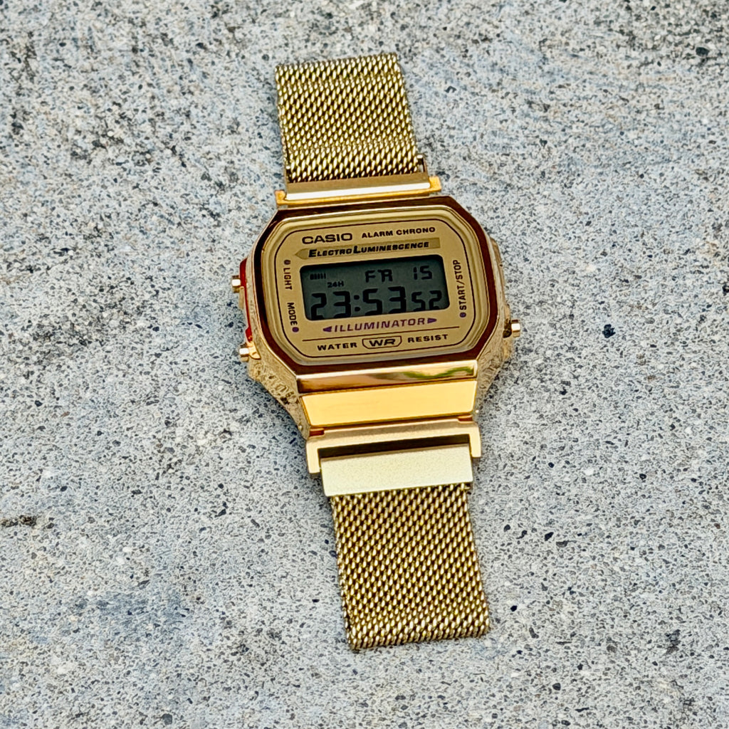 Gold Milanese Mesh Band for Casio A168WG, 20mm Stainless Steel Magnetic Strap, Adapters Pre-Attached, Adjustable 5.5 to 8 inch, Fits A168W A158W F91W