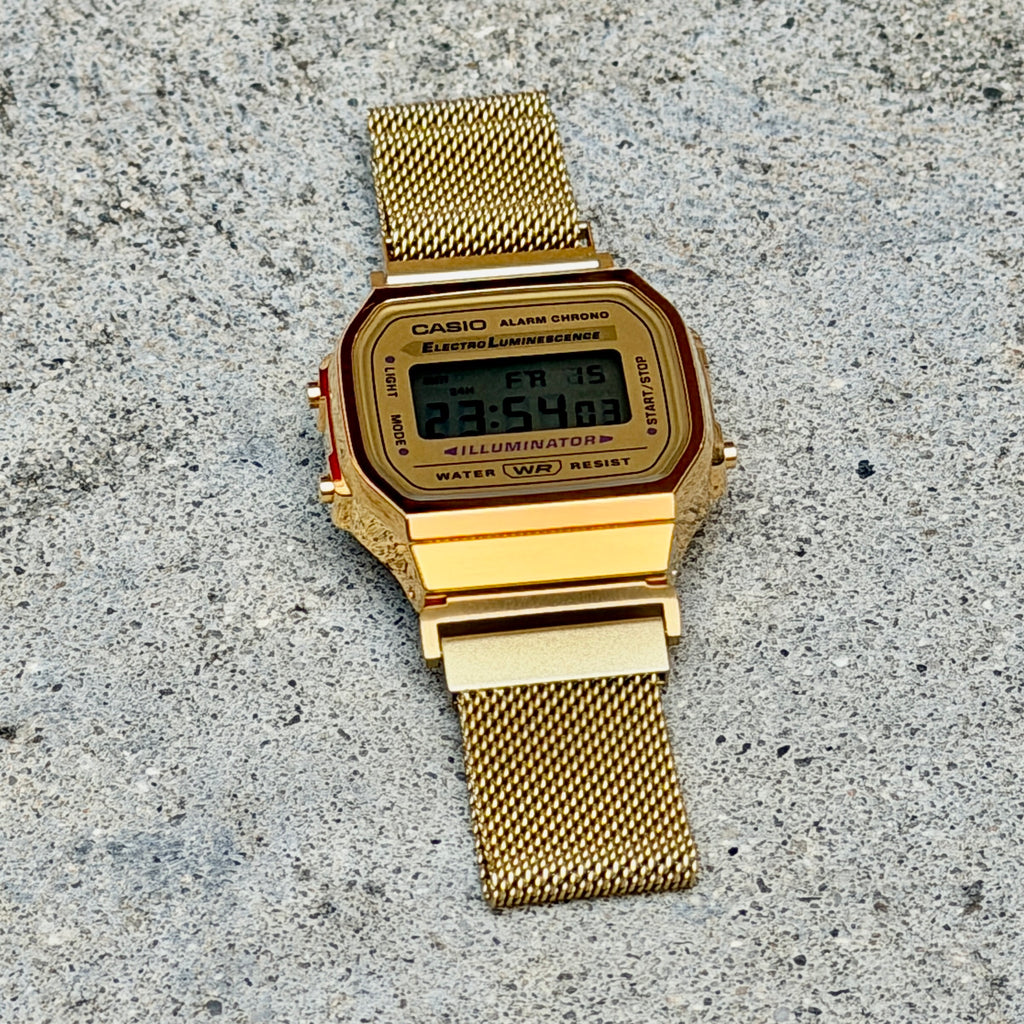 Gold Milanese Mesh Band for Casio A168WG, 20mm Stainless Steel Magnetic Strap, Adapters Pre-Attached, Adjustable 5.5 to 8 inch, Fits A168W A158W F91W