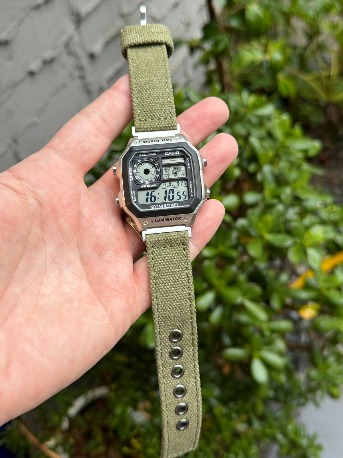 Olive Canvas Strap for Casio F-91W A158W A168W AE-1200WH Royale, Brushed Silver Buckle, 18mm Adapters Pre-Attached