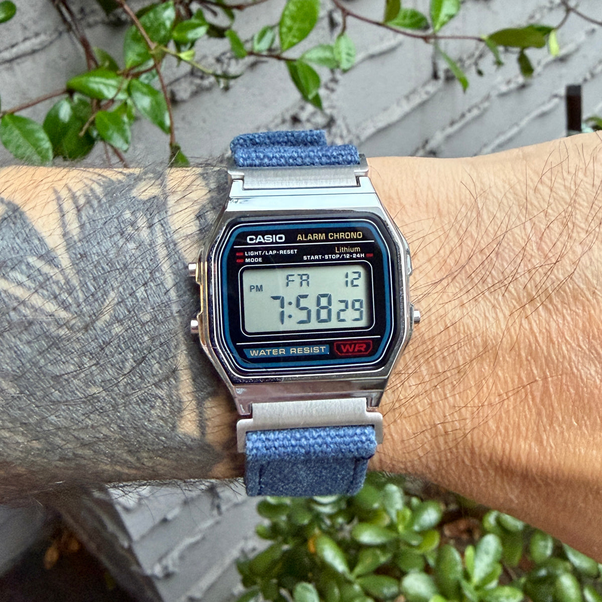 Navy Canvas Strap for Casio F-91W A158W A168W AE-1200WH Royale, Brushed Silver Buckle, 18mm Adapters Pre-Attached