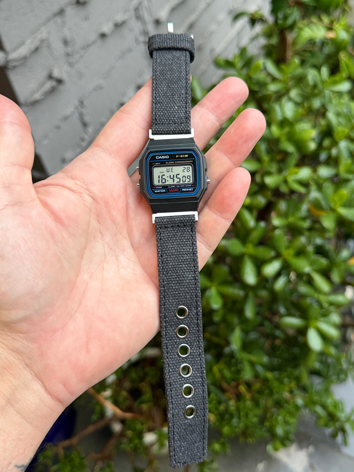 Charcoal Canvas Strap for Casio F-91W A158W A168W AE-1200WH Royale, Brushed Silver Buckle, 18mm Adapters Pre-Attached
