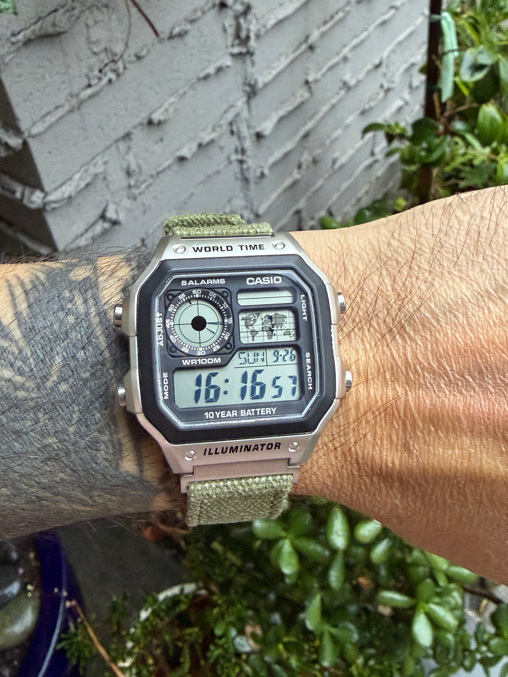 Olive Canvas Strap for Casio F-91W A158W A168W AE-1200WH Royale, Brushed Silver Buckle, 18mm Adapters Pre-Attached