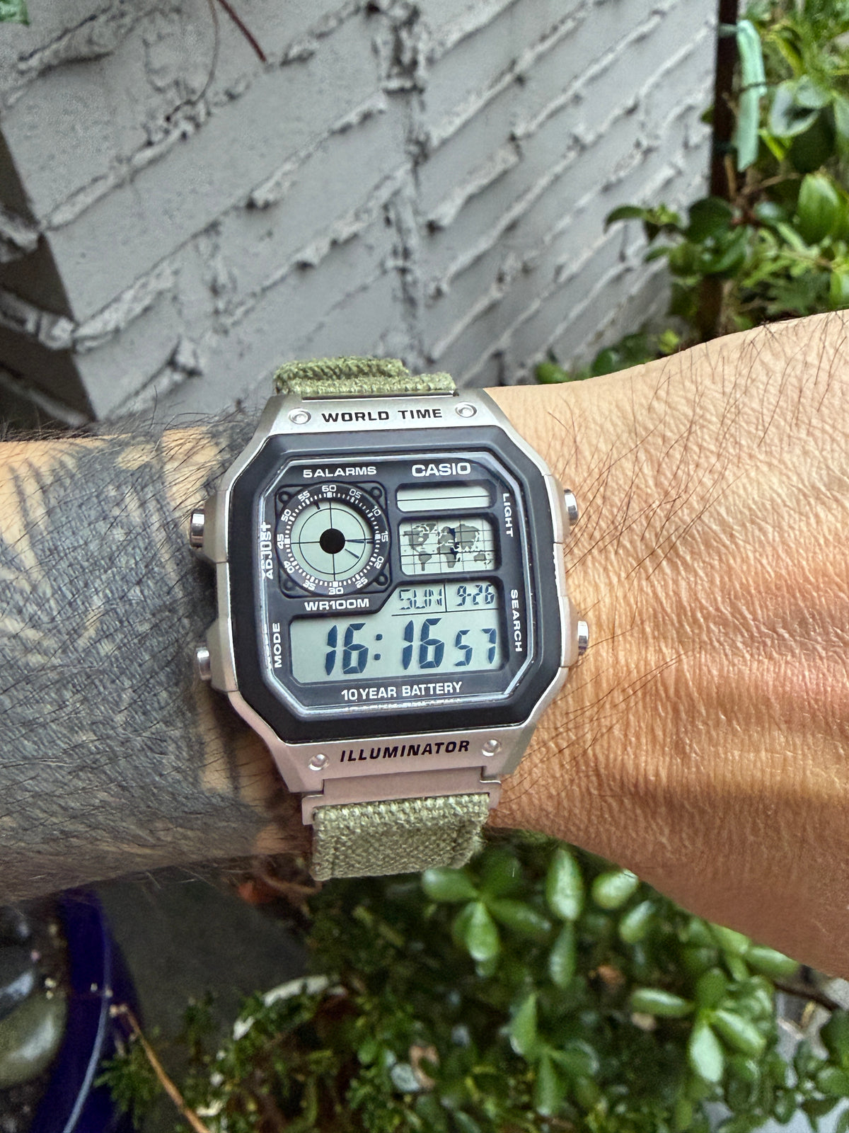 Olive Canvas Strap for Casio F-91W A158W A168W AE-1200WH Royale, Brushed Silver Buckle, 18mm Adapters Pre-Attached