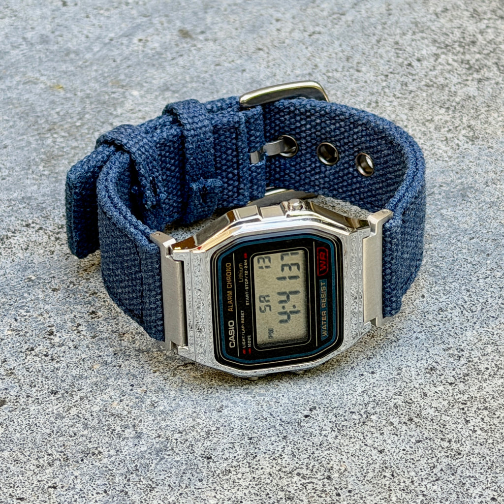 Navy Canvas Strap for Casio F-91W A158W A168W AE-1200WH Royale, Brushed Silver Buckle, 18mm Adapters Pre-Attached