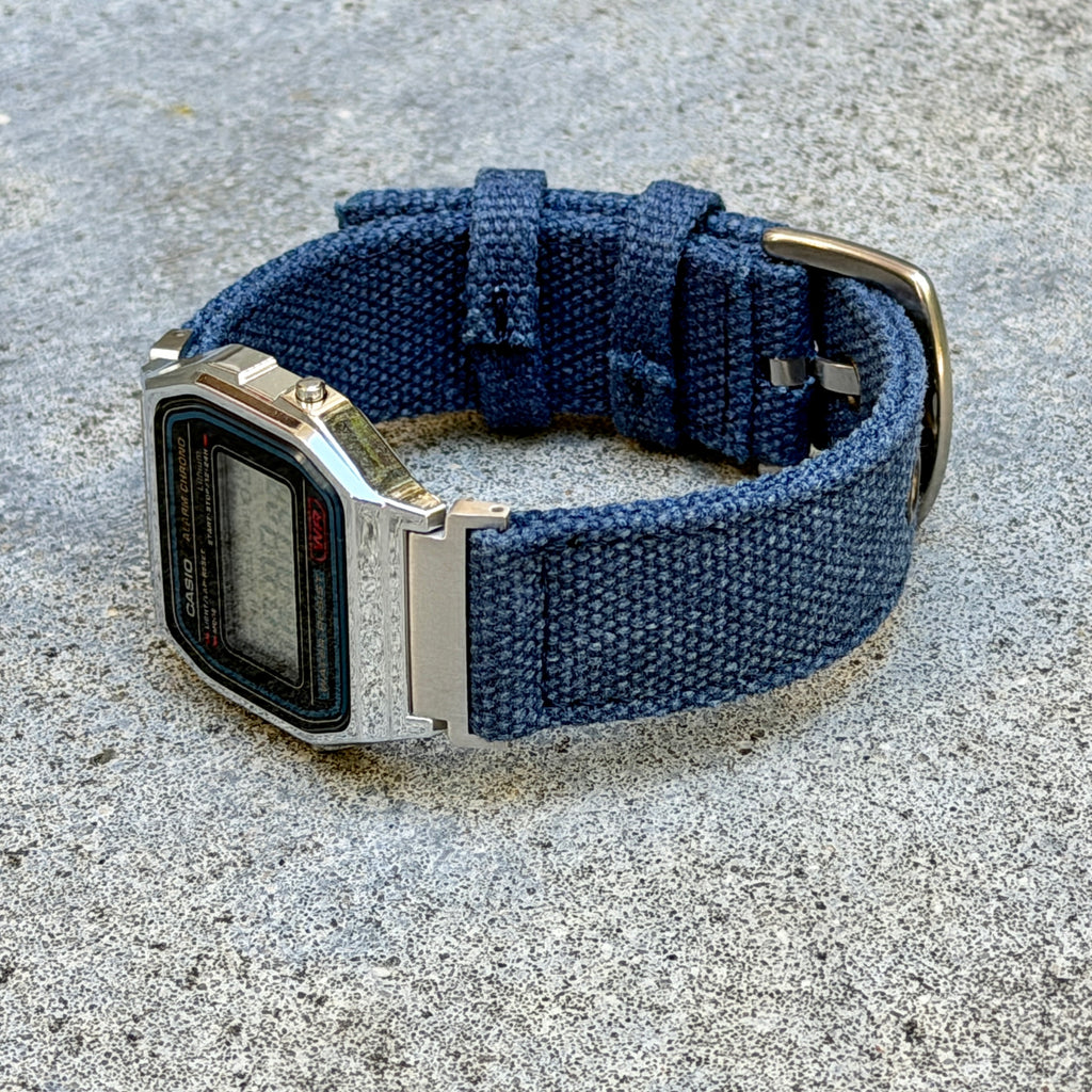 Navy Canvas Strap for Casio F-91W A158W A168W AE-1200WH Royale, Brushed Silver Buckle, 18mm Adapters Pre-Attached
