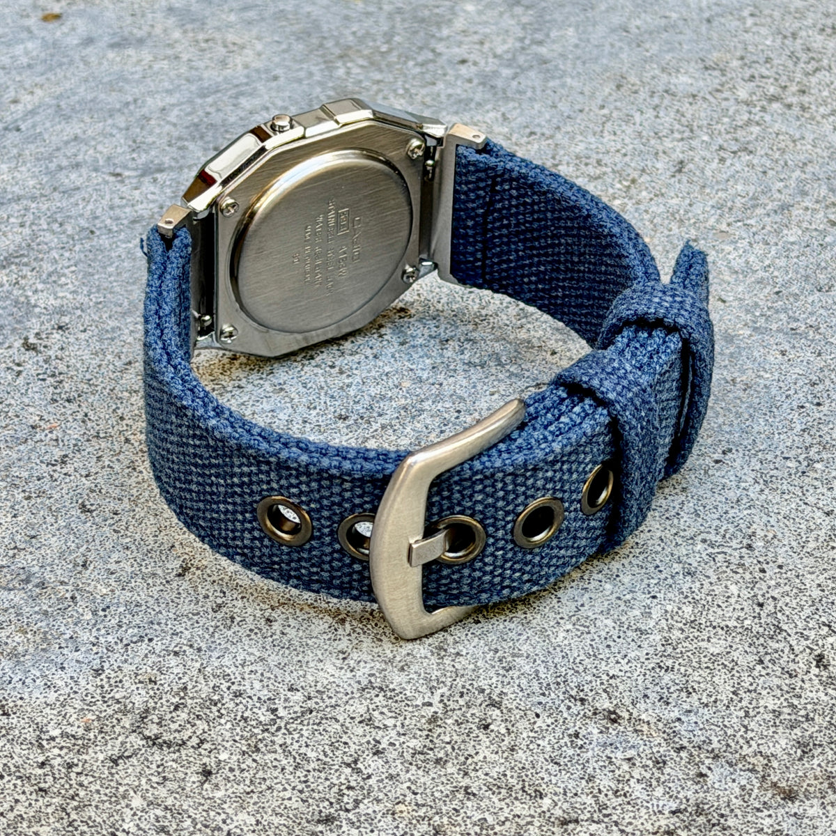 Navy Canvas Strap for Casio F-91W A158W A168W AE-1200WH Royale, Brushed Silver Buckle, 18mm Adapters Pre-Attached