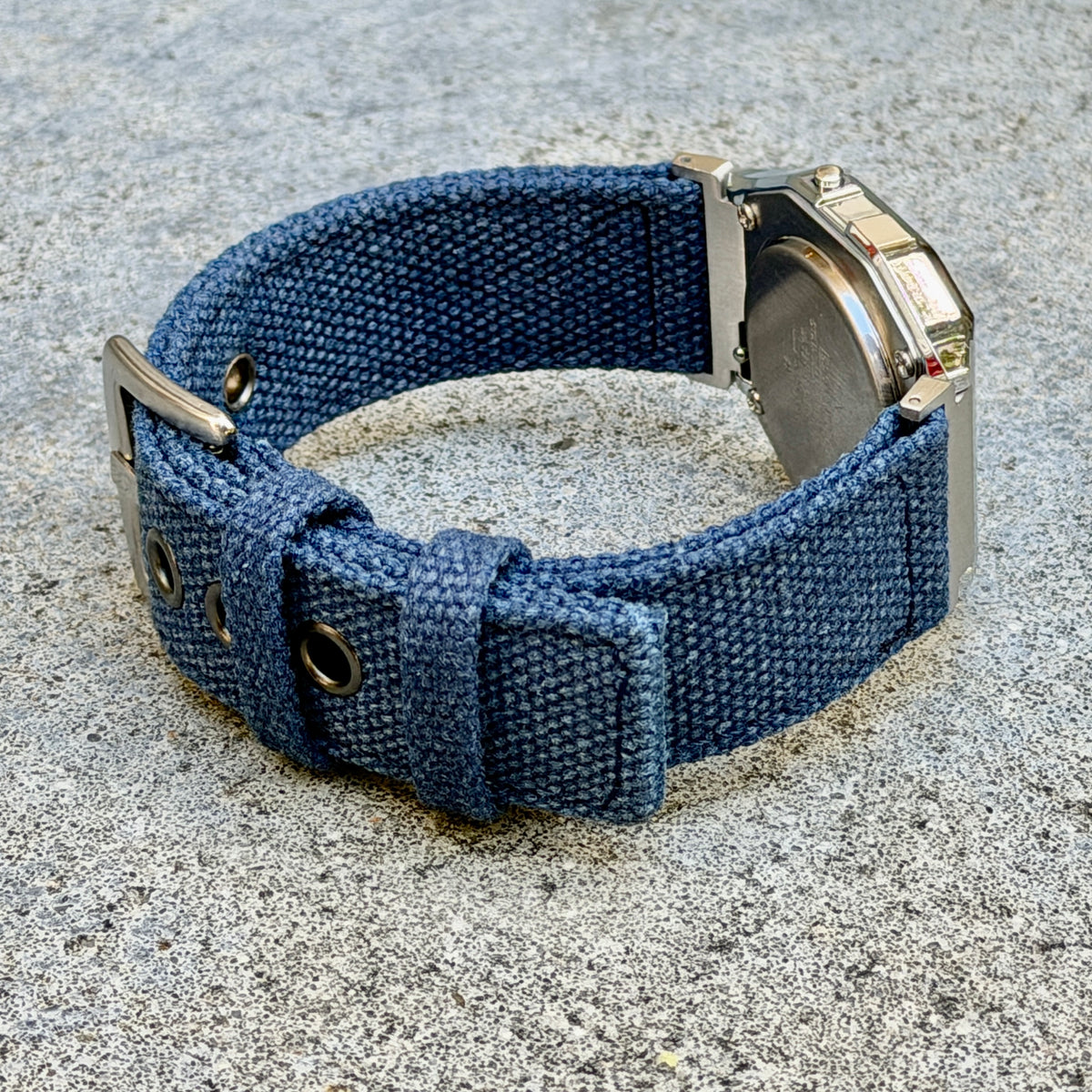 Navy Canvas Strap for Casio F-91W A158W A168W AE-1200WH Royale, Brushed Silver Buckle, 18mm Adapters Pre-Attached