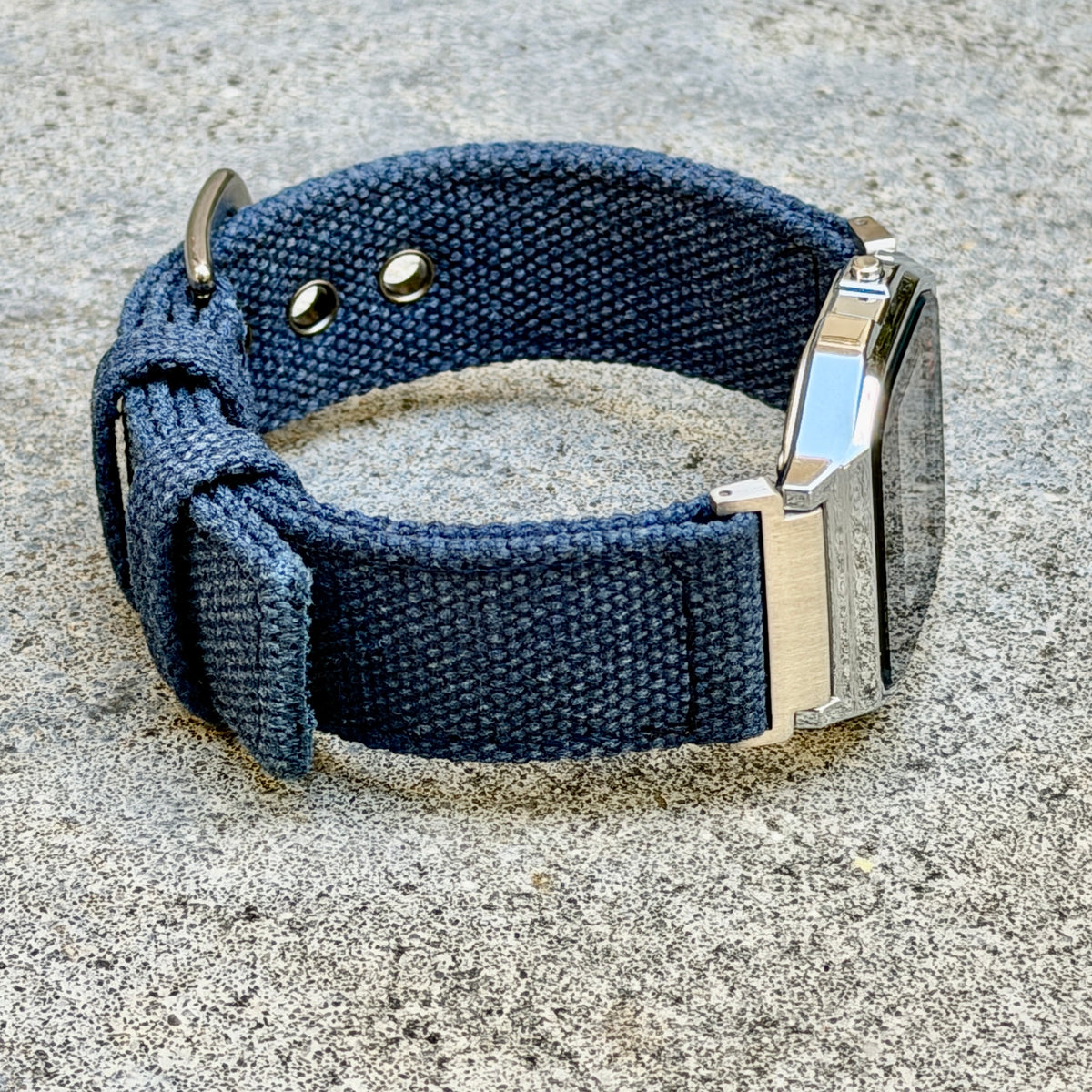 Navy Canvas Strap for Casio F-91W A158W A168W AE-1200WH Royale, Brushed Silver Buckle, 18mm Adapters Pre-Attached