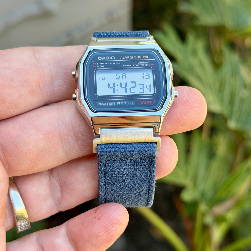 Navy Canvas Strap for Casio F-91W A158W A168W AE-1200WH Royale, Brushed Silver Buckle, 18mm Adapters Pre-Attached