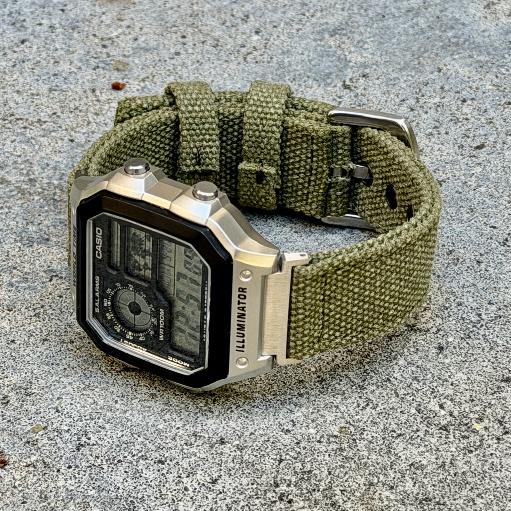 Olive Canvas Strap for Casio F-91W A158W A168W AE-1200WH Royale, Brushed Silver Buckle, 18mm Adapters Pre-Attached