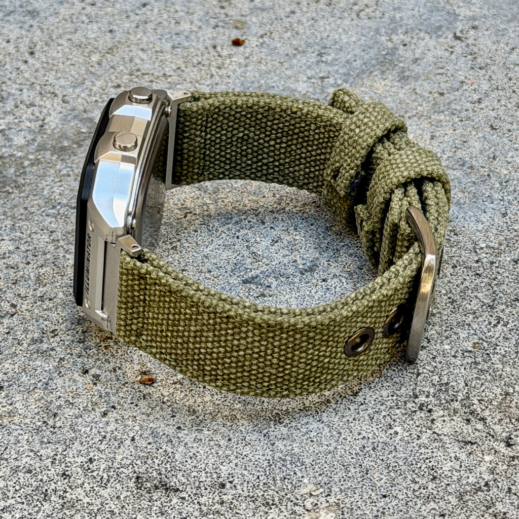 Olive Canvas Strap for Casio F-91W A158W A168W AE-1200WH Royale, Brushed Silver Buckle, 18mm Adapters Pre-Attached