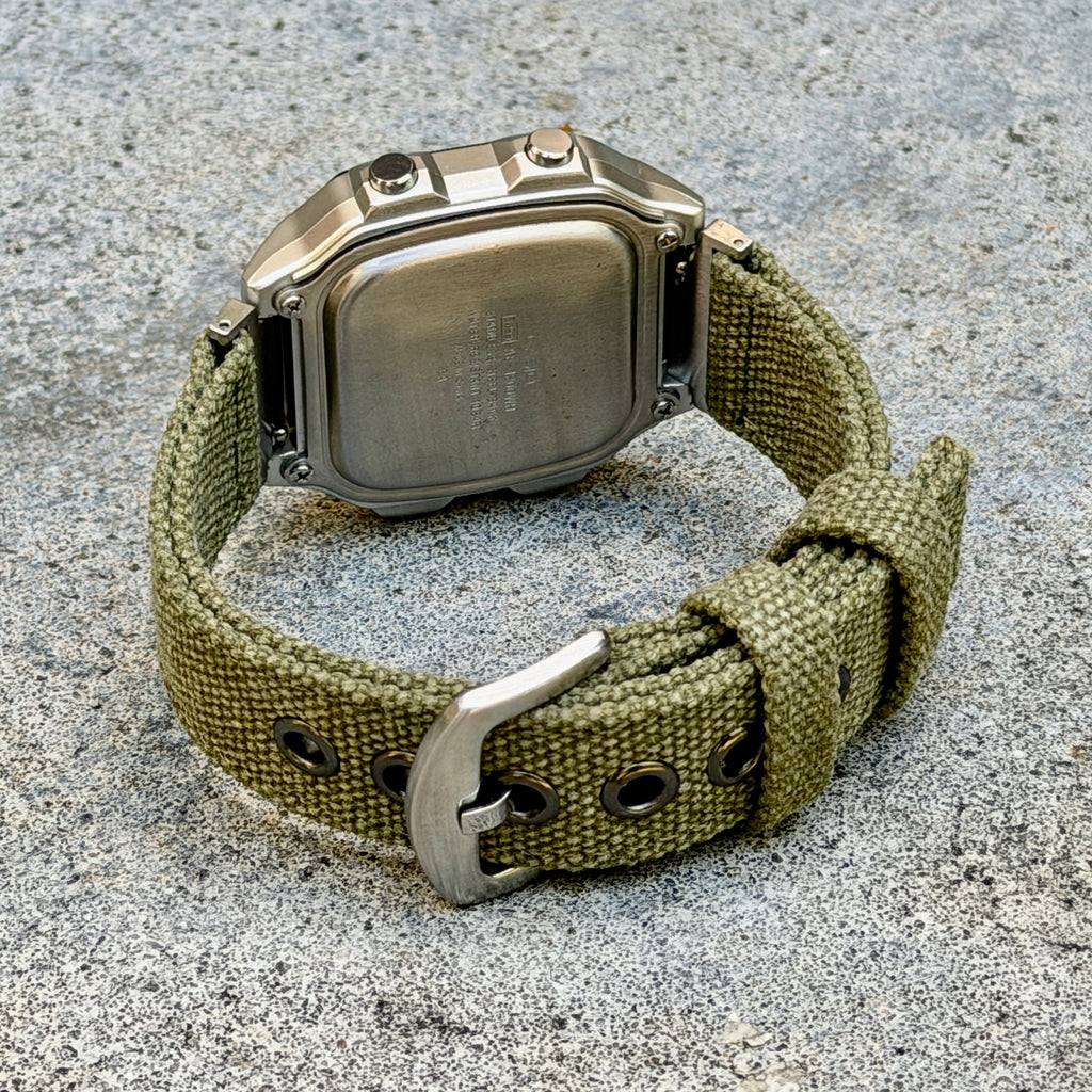 Olive Canvas Strap for Casio F-91W A158W A168W AE-1200WH Royale, Brushed Silver Buckle, 18mm Adapters Pre-Attached