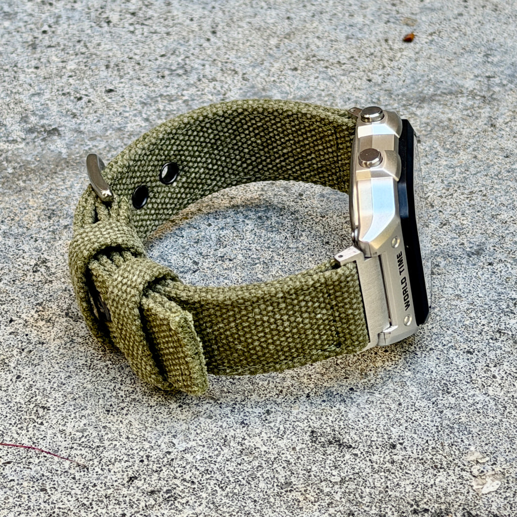Olive Canvas Strap for Casio F-91W A158W A168W AE-1200WH Royale, Brushed Silver Buckle, 18mm Adapters Pre-Attached