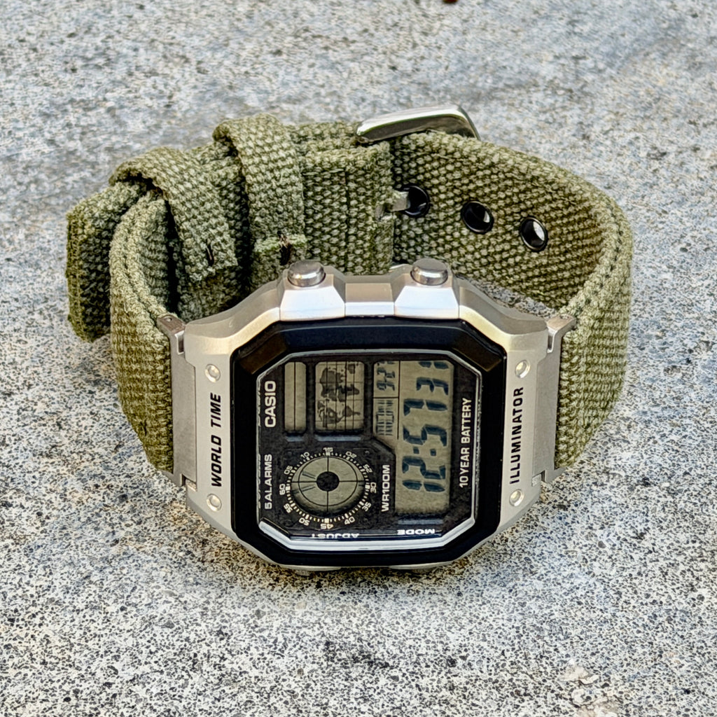 Olive Canvas Strap for Casio F-91W A158W A168W AE-1200WH Royale, Brushed Silver Buckle, 18mm Adapters Pre-Attached