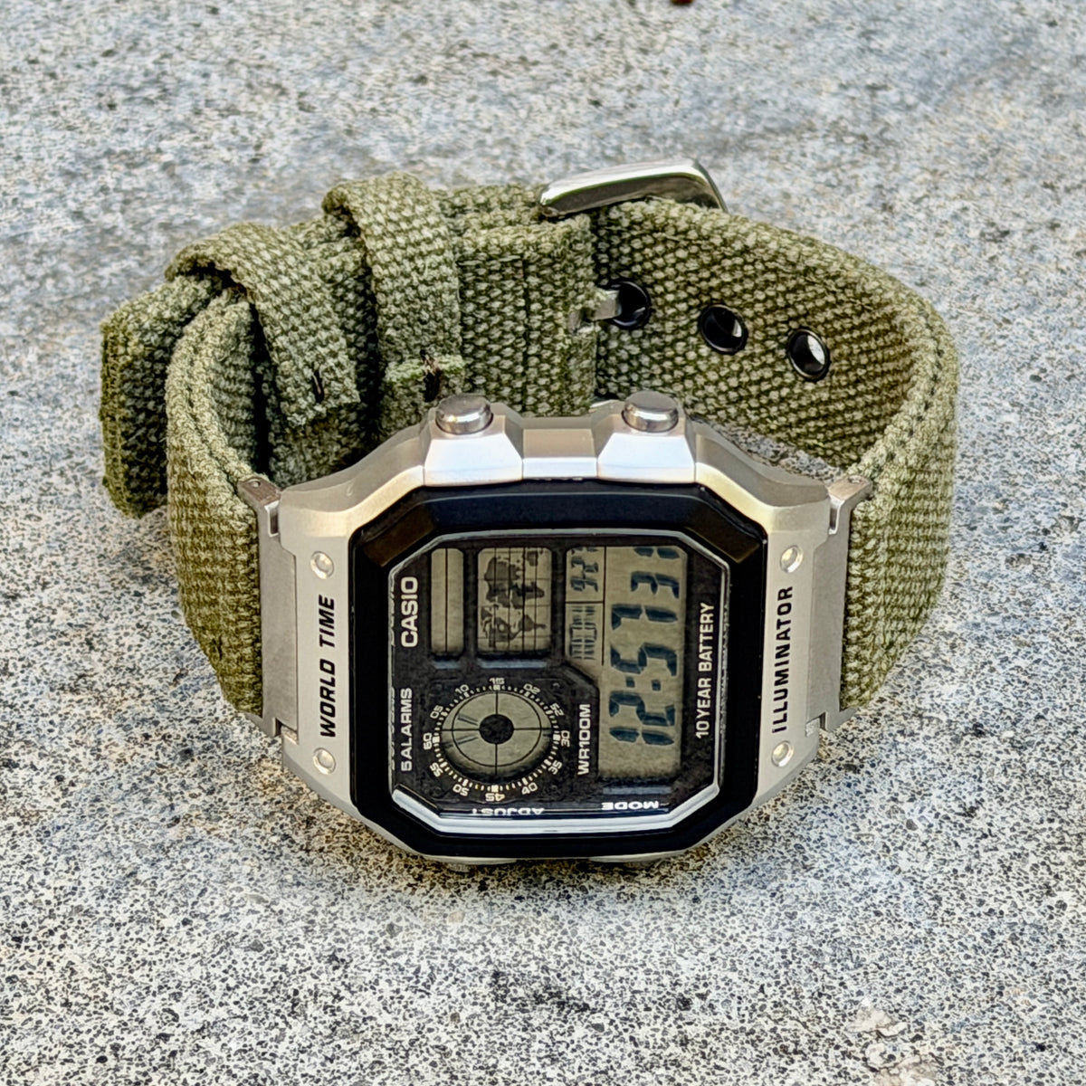 Olive Canvas Strap for Casio F-91W A158W A168W AE-1200WH Royale, Brushed Silver Buckle, 18mm Adapters Pre-Attached