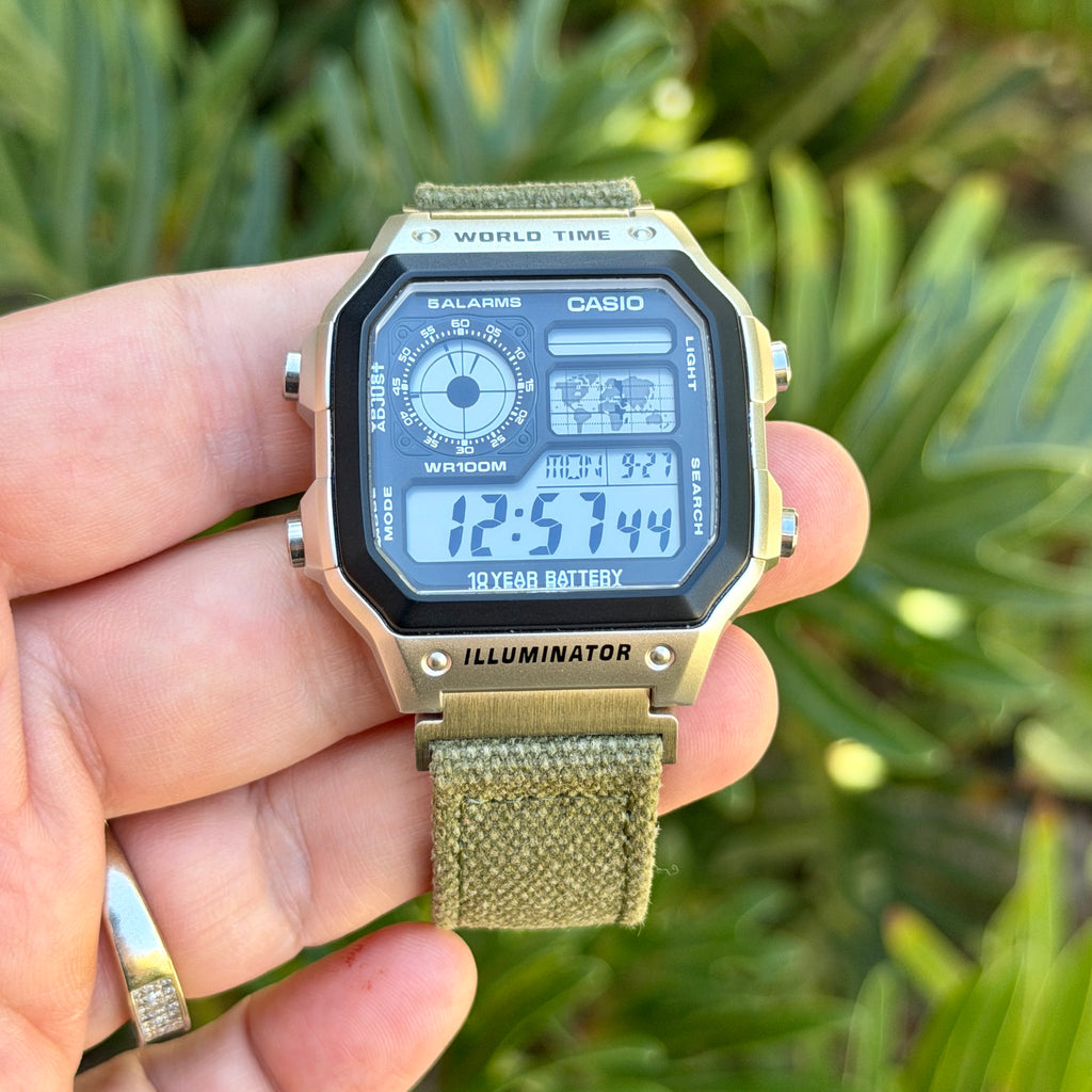 Olive Canvas Strap for Casio F-91W A158W A168W AE-1200WH Royale, Brushed Silver Buckle, 18mm Adapters Pre-Attached