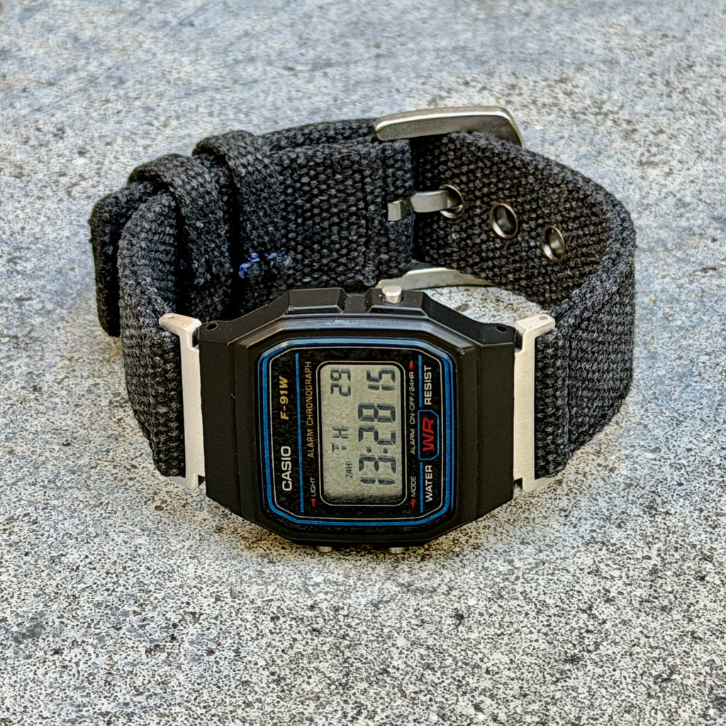 Charcoal Canvas Strap for Casio F-91W A158W A168W AE-1200WH Royale, Brushed Silver Buckle, 18mm Adapters Pre-Attached