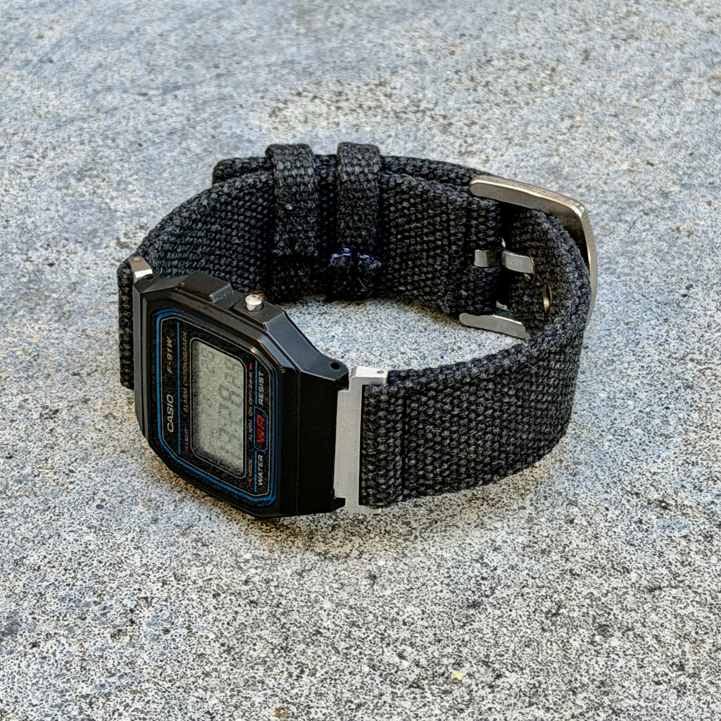 Charcoal Canvas Strap for Casio F-91W A158W A168W AE-1200WH Royale, Brushed Silver Buckle, 18mm Adapters Pre-Attached