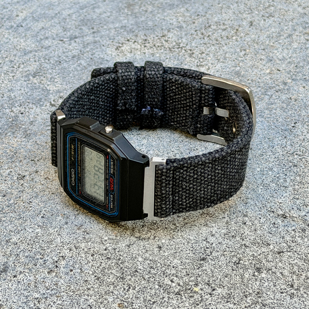 Charcoal Canvas Strap for Casio F-91W A158W A168W AE-1200WH Royale, Brushed Silver Buckle, 18mm Adapters Pre-Attached