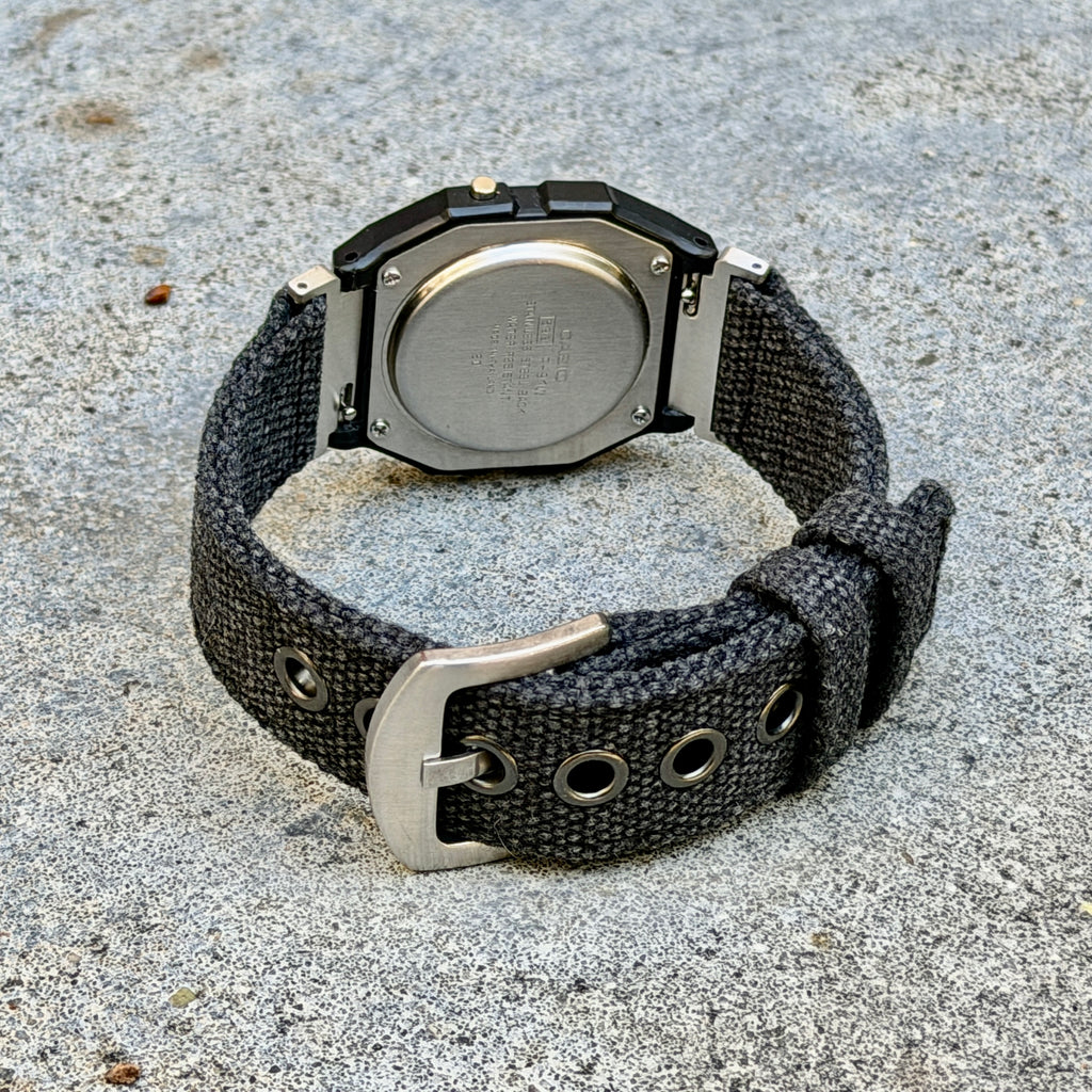 Charcoal Canvas Strap for Casio F-91W A158W A168W AE-1200WH Royale, Brushed Silver Buckle, 18mm Adapters Pre-Attached