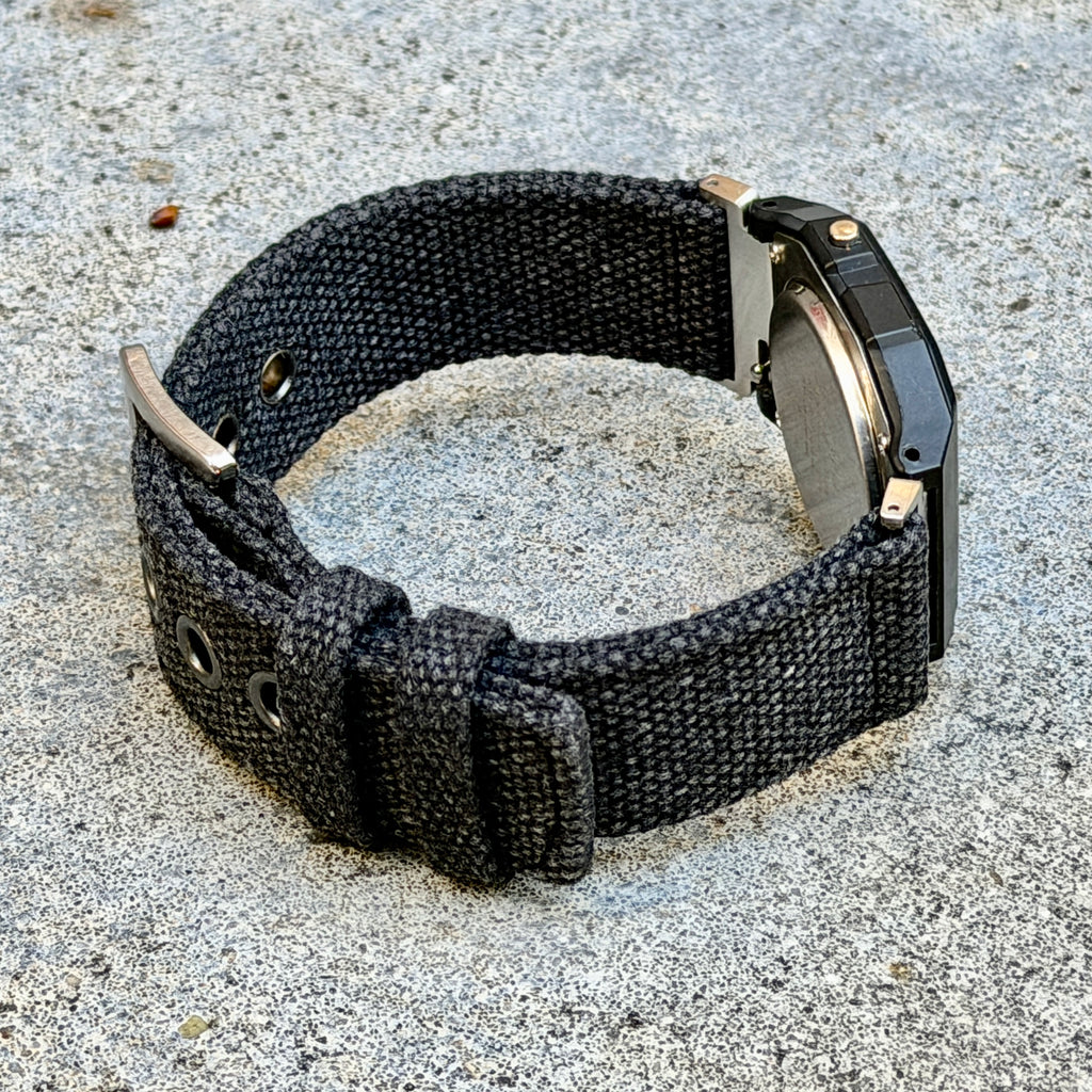 Charcoal Canvas Strap for Casio F-91W A158W A168W AE-1200WH Royale, Brushed Silver Buckle, 18mm Adapters Pre-Attached